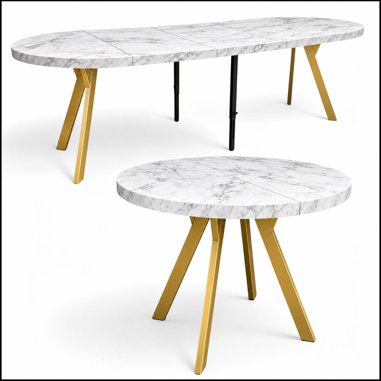 ESSTISCH rund ausziehbar 100/300/76 cm, Marmor, 54 cm Tischplatte + Y Metallgestell Gold - Goldfarben/Hellgrau, Holzwerkstoff/Metall (100/300/76cm) - Damale Möbel