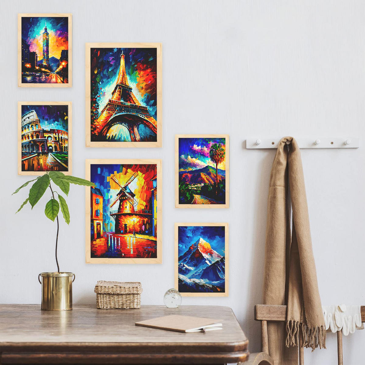 POSTER Set Mit 6 Hoch Aufragend Im Ölgemälde A3 & A4 Rahmen Aus Hellem Holz - Beige, Papier (29/3cm) - Nacnic