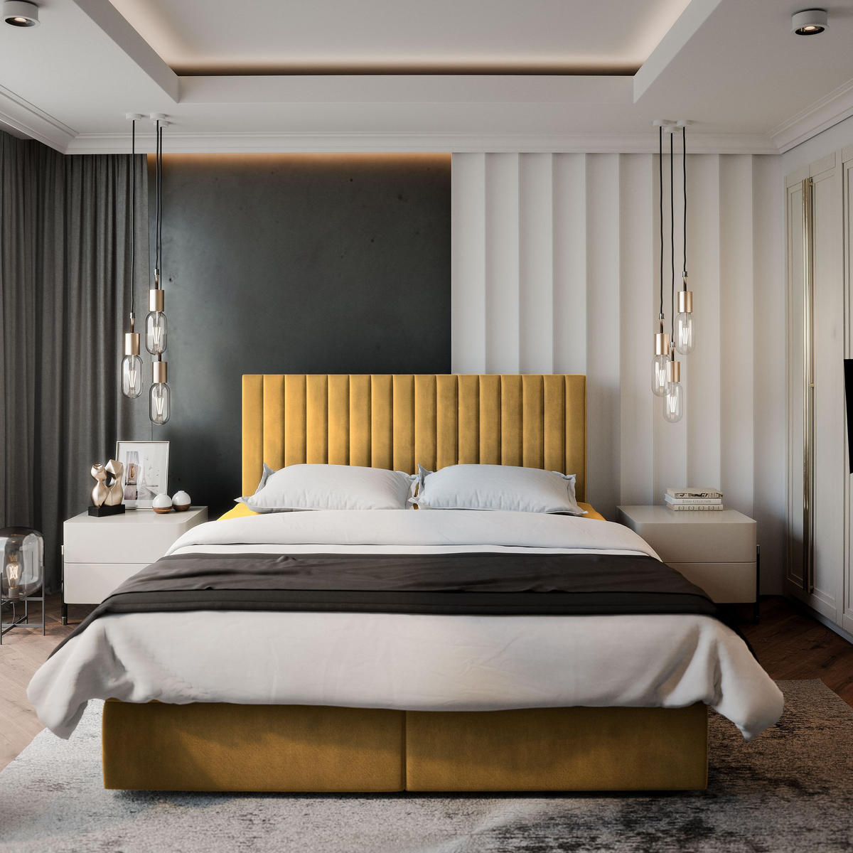 BOXBETT BRESEL 160x200 cm mit Matratze und Topper - Gelb - Gelb, Holz (160/200cm) - MASSENO