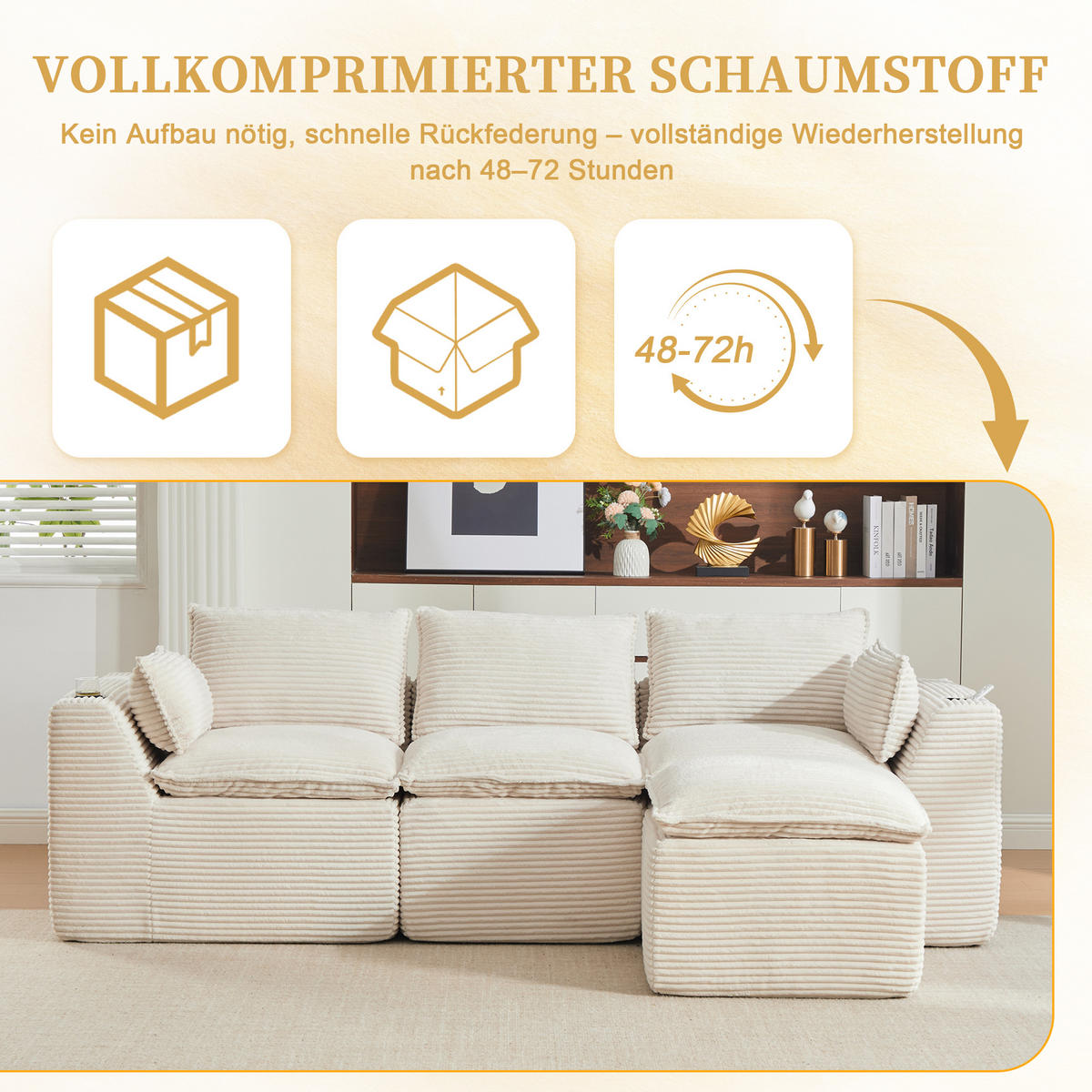 3-SITZER-SOFA aus Chenille, mit Fußhocker und Getränkehalter - Beige, Textil (256/75/161cm) - Urban Meuble