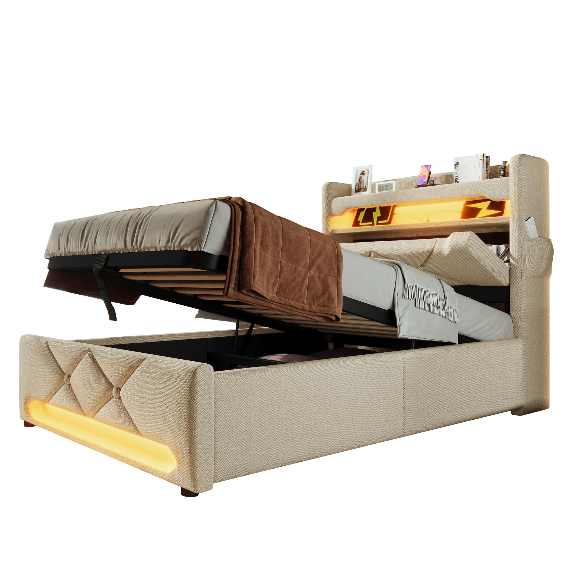 POLSTERBETT aus Leinen 90x200 cm in Beige mit LED & USB/Typ-C - Beige, Textil (90/200cm) - Modfu