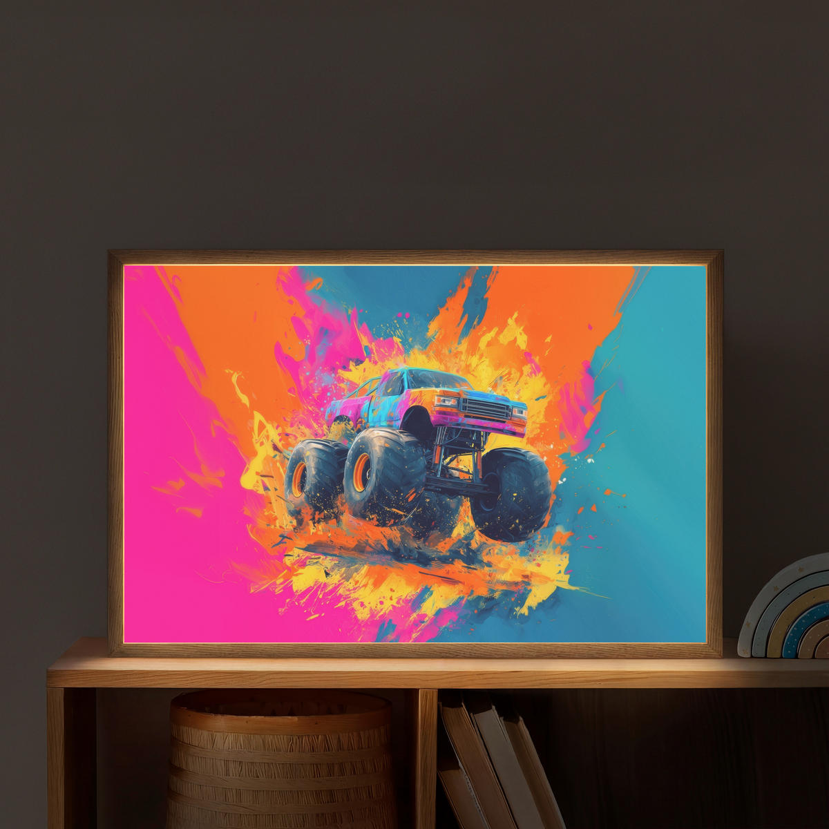 NÁSTĚNNÁ LAMPA S AKUMULÁTOREM Monster truck - Abstraktní - Stříkající barva - Barevné 60x40 cm - růžová, kompozitní dřevo (60/40/8cm) - OnlyWow
