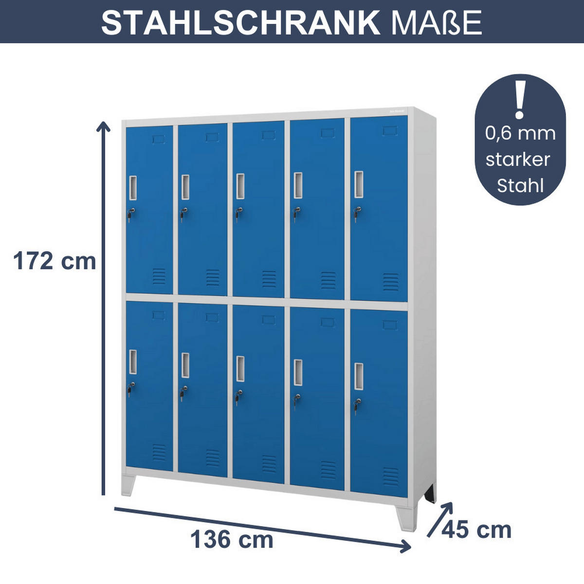 UMKLEIDESCHRANK Spind BERLIN 10 Abteile 172x136x45cm Grau-Blau - Grau, Metall (136/172/45cm) - DELUKE