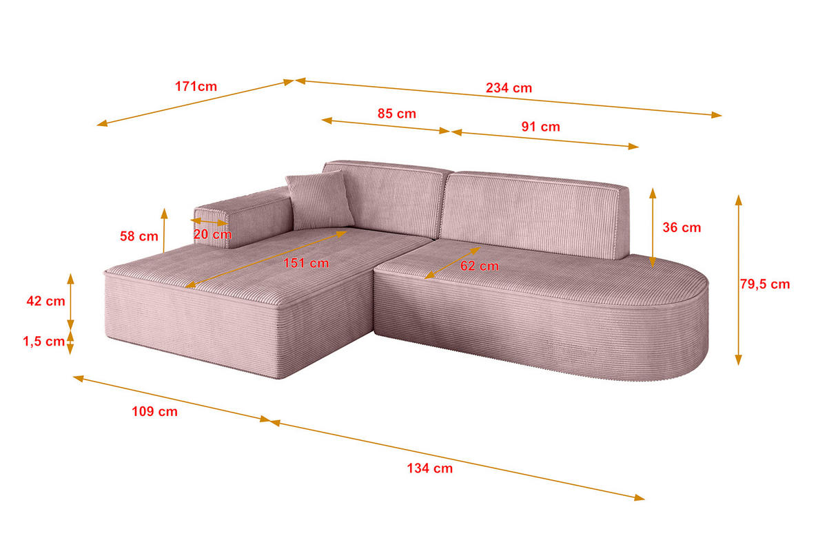 ECKSOFA Ottomane Links IREA-L1-v4 - 234x171x79 cm Rosa - Rosa, Holzwerkstoff/Textil (234/171cm) - ALTDECOR