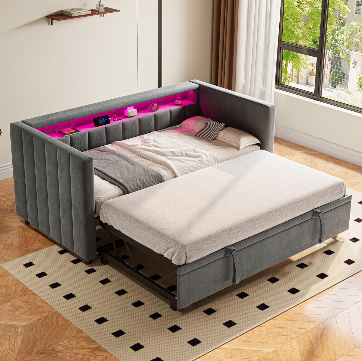 POLSTERBETT aus Samt 90x190 cm in Dunkelgrau mit LED & USB-Type-C - Dunkelgrau, Textil (90/190cm) - Modfu