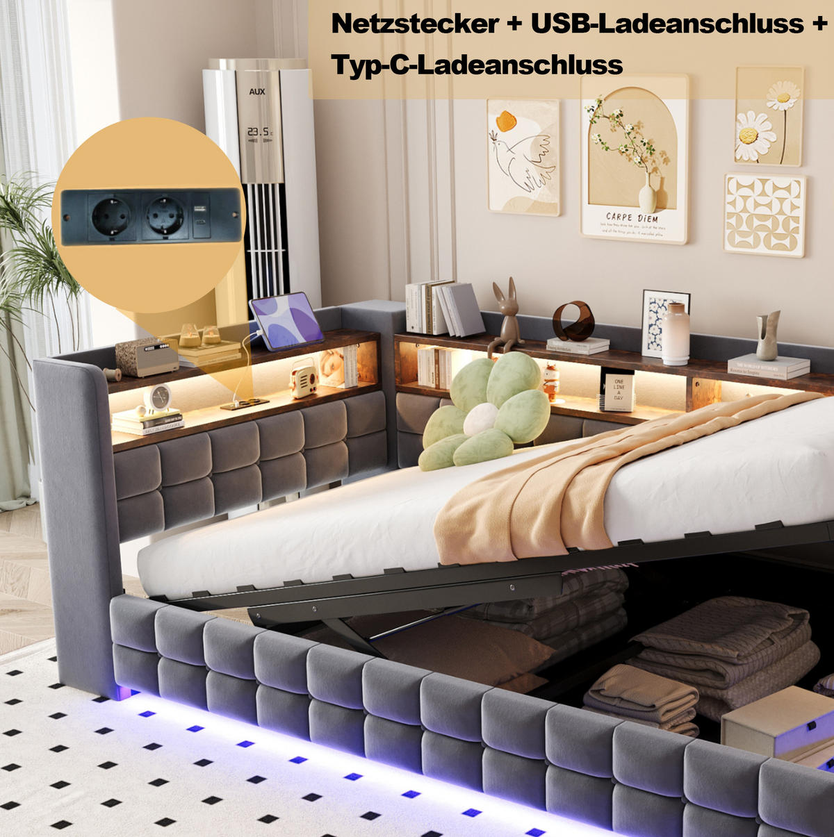 POLSTERBETT 90/200 cm Grau mit Stauraum, LED-Beleuchtung und Regal - Grau, Textil (90/200cm) - Flora Grace