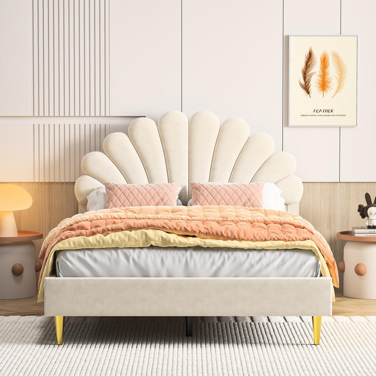 POLSTERBETT 140x200 cm, Blumenform-Kopfteil, Samt - Beige, Textil/Metall (140/200cm)
