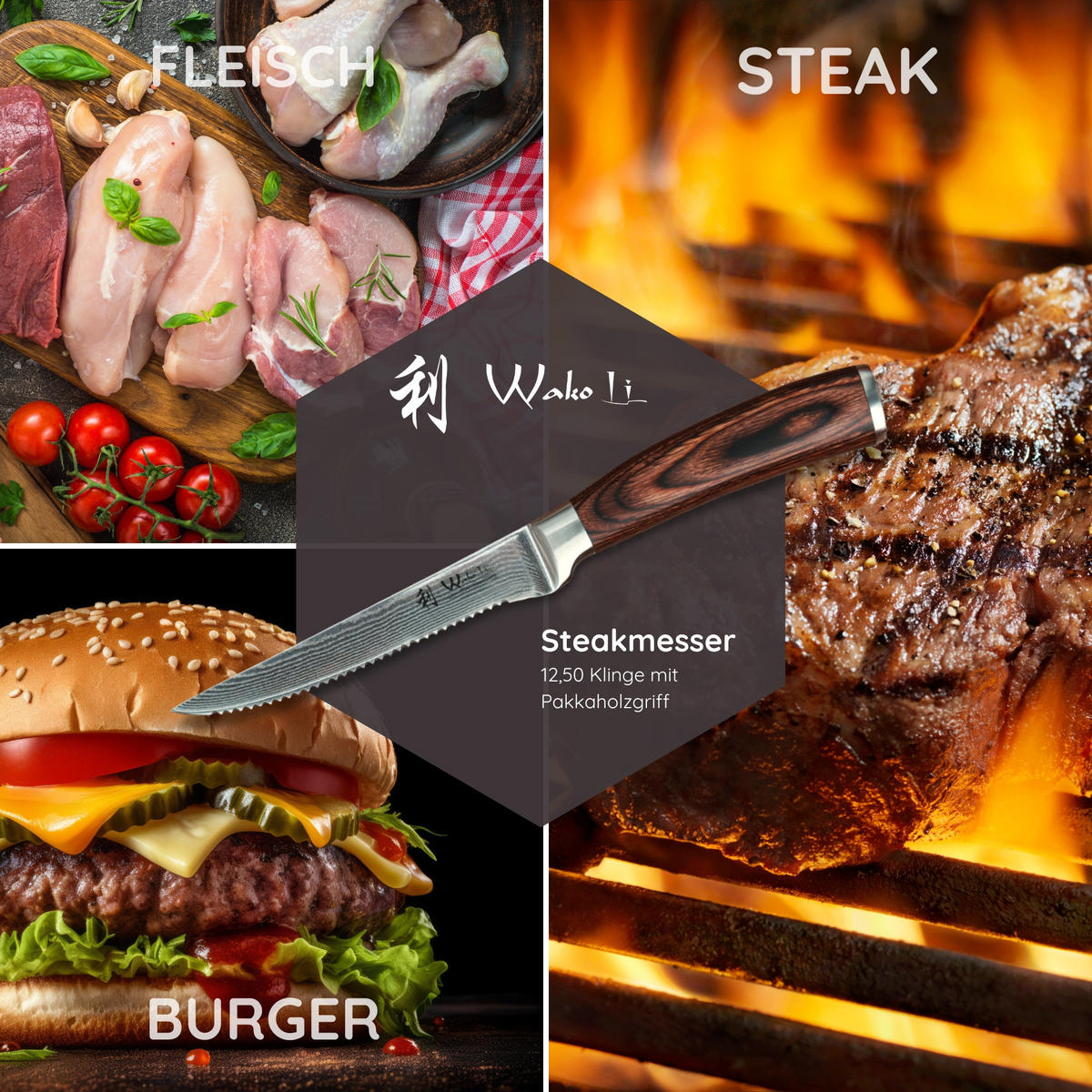 STEAKMESSER Set 4 tlg. I EDIB - Braun, Holz/Metall (30cm) - Wakoli