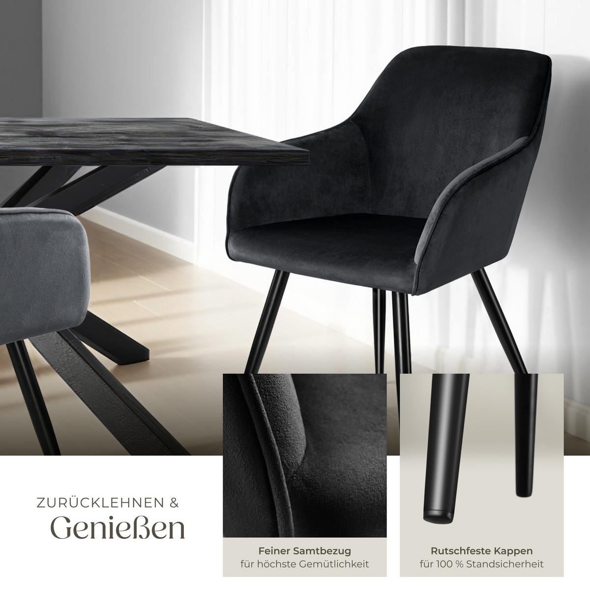 ESSZIMMERSTUHL 8er Set Marilyn 58 x 62 x 82 cm schwarz - Schwarz, Textil (58/82/62cm) - tectake