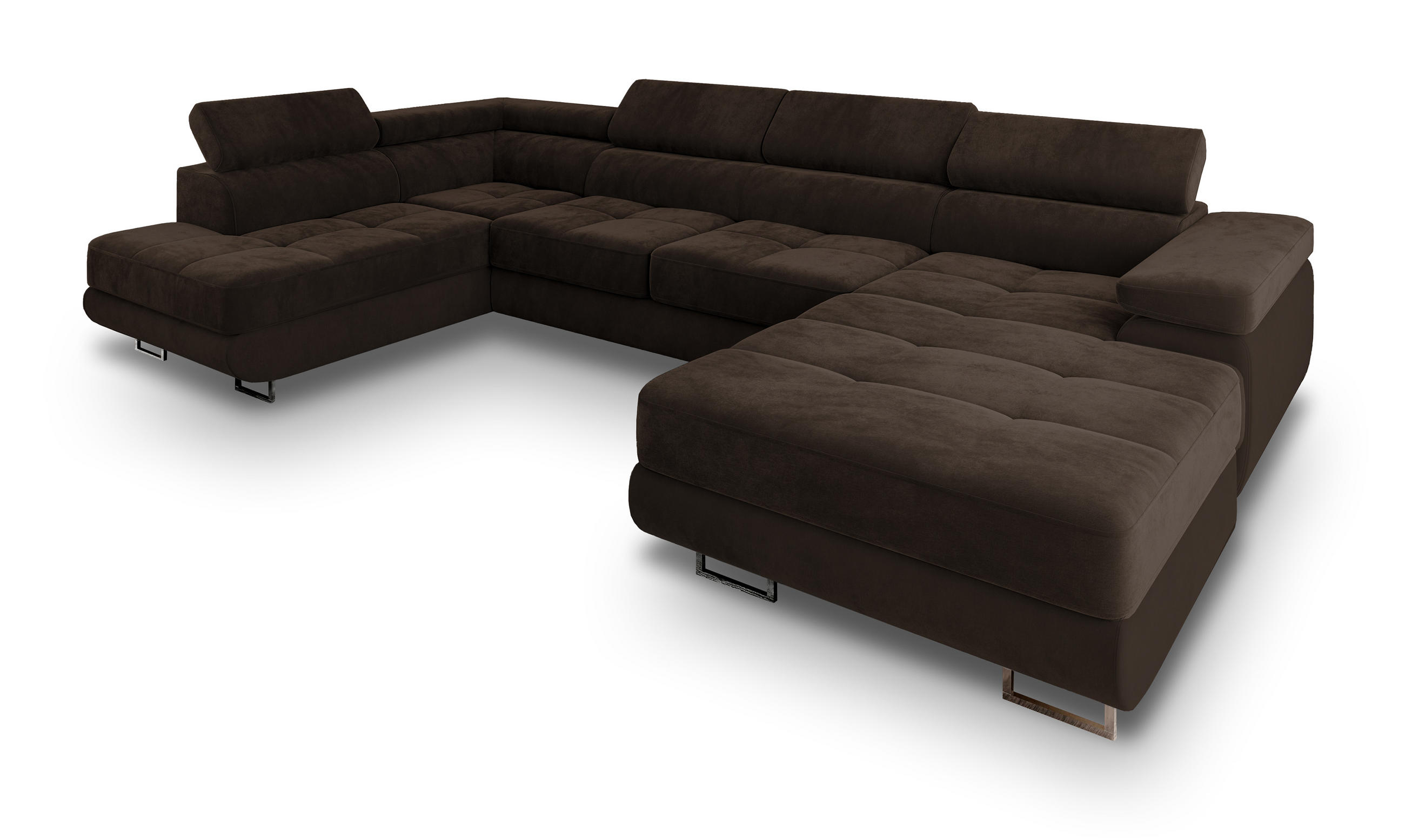 WOHNLANDSCHAFT CASONE L-S Braun Velours-Stoff mit Schlaffunktion - Braun, Holz (345/90/202cm) - MASSENO