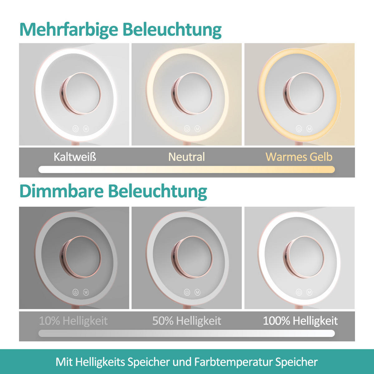 KOSMETIKSPIEGEL mit Licht mit Abnehmbare Saugnapfes, Rosa, φ20 cm - Pink, Glas (20/35/20cm) - EMKE