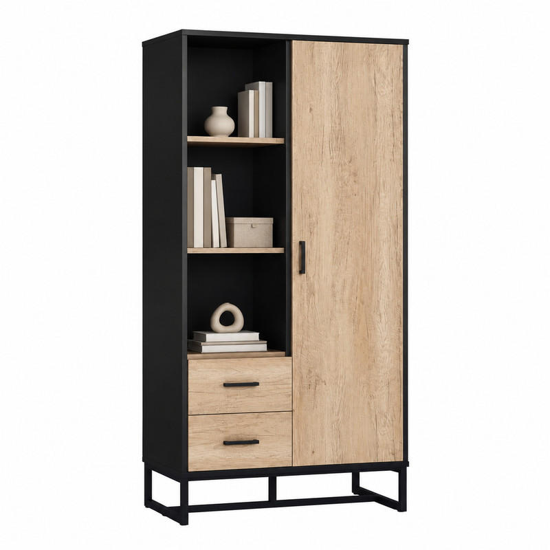 HIGHBOARD mit 1 Tür, 2 Schubladen 80x40x180 cm MDF Schwarz/Holzoptik - Schwarz, Holzwerkstoff (40/180/80cm) - Beauniv