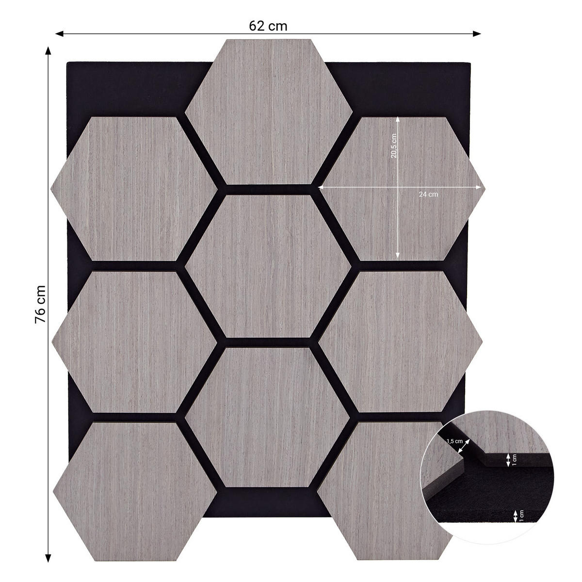 AKUSTIKPANEEL Hexagon Grau 8 Stück - Grau, Holz (62/76/2cm) - Homestyle4u