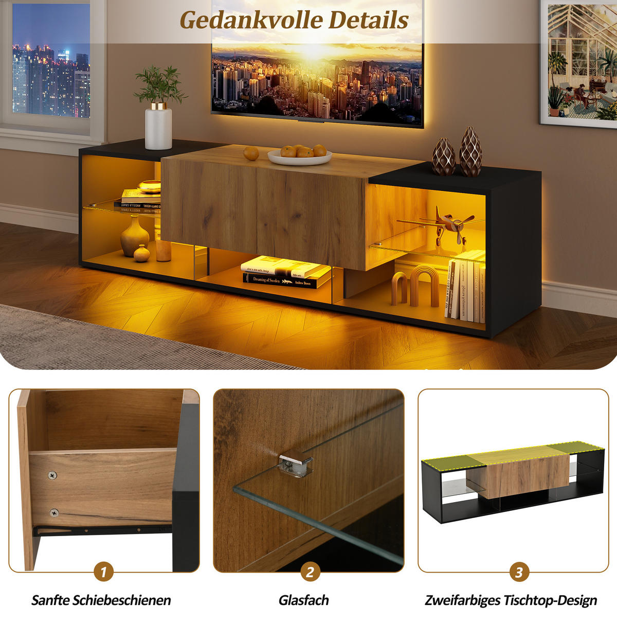 TV-LOWBOARD 160/40/42 cm Schwarz/Natur aus Spanplatte mit LED - Schwarz, Holzwerkstoff (40/42/160cm) - OKWISH