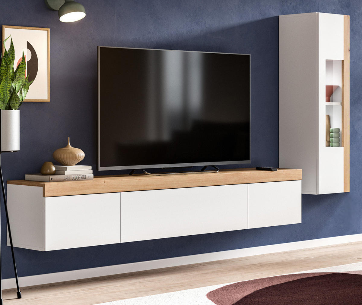 WOHNWAND 2-teilig weiß und Eiche 225 cm, Schrankwand stehend/hängend - Schwarz/Weiß, Glas/Holzwerkstoff (225/157/33cm) - Inn.Furn