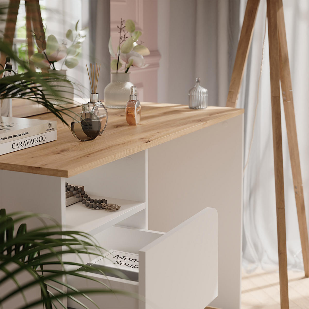 SCHMINKTISCH Karen Weiß/Artisan 110 cm mit Spiegel - Weiß/Eiche Artisan, Holzwerkstoff (110/75/55cm) - Vicco