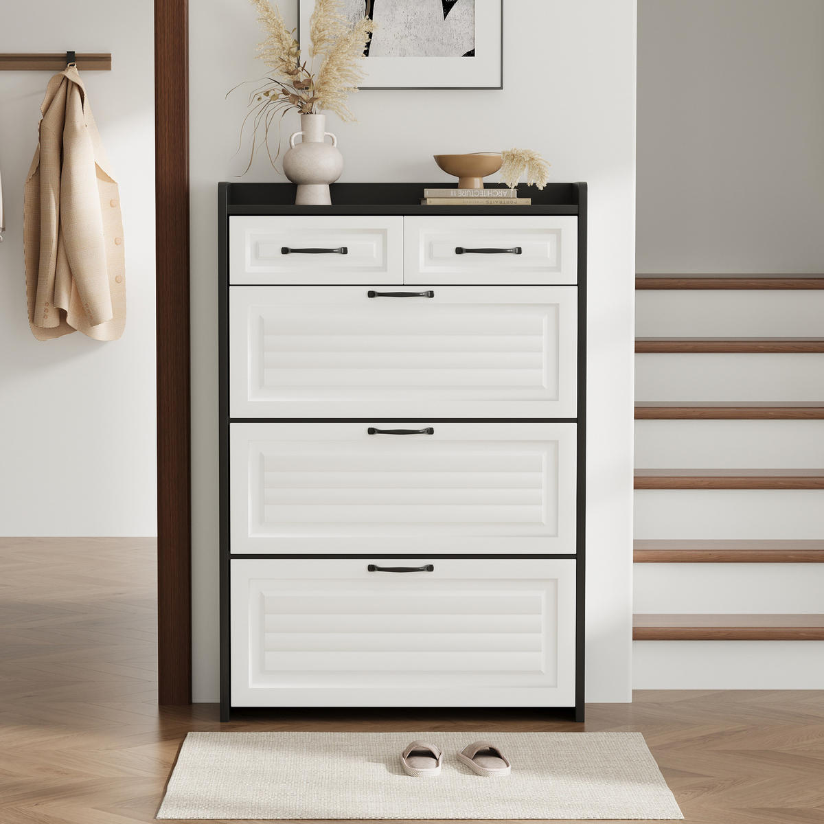 SCHUHSCHRANK 80/23,5/131 cm mit 3 Klappen und 2 Schubladen in Weiß - Weiß, Holzwerkstoff (80/131/23.5cm) - BEAOK