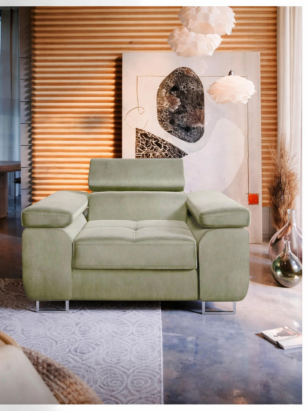 SESSEL WILD mit verstellbare Kopfstütze Velours Creme - Chromfarben/Creme, Holz/Textil (130/100/101cm) - Muffo