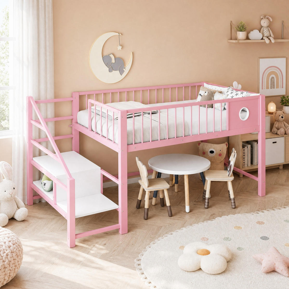 HOCHBETT 90/200 mit Stauraumleiter und Metallgestell in Rosa - Rosa, Metall (90/200cm) - EVRYAE
