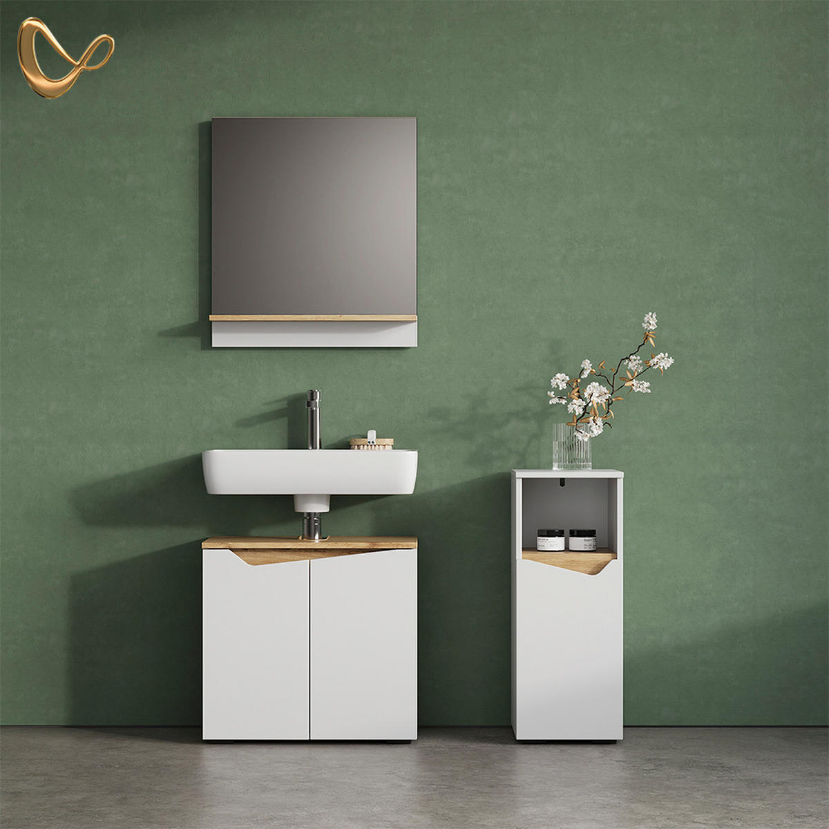 BADMÖBEL-KOMBINATION Timavo Weiß 3 Teile, mit Midischrank - Weiß/Eiche Artisan, Holzwerkstoff (60/57/35cm) - Livinity®