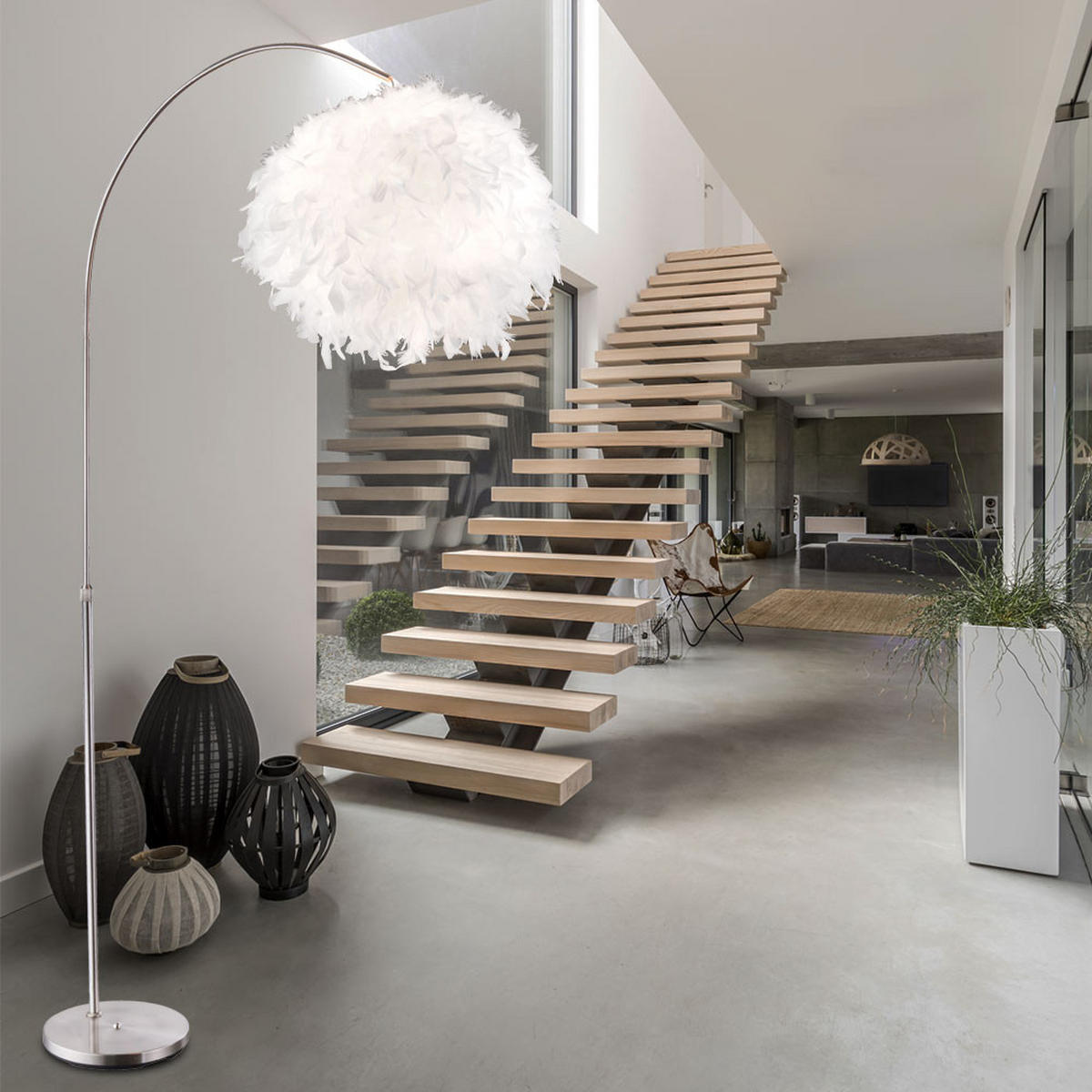 LED STEHLEUCHTE Metall Weiß Feder-Lampenschirm - Weiß, Kunststoff (96/96/196cm) - Globo Lighting