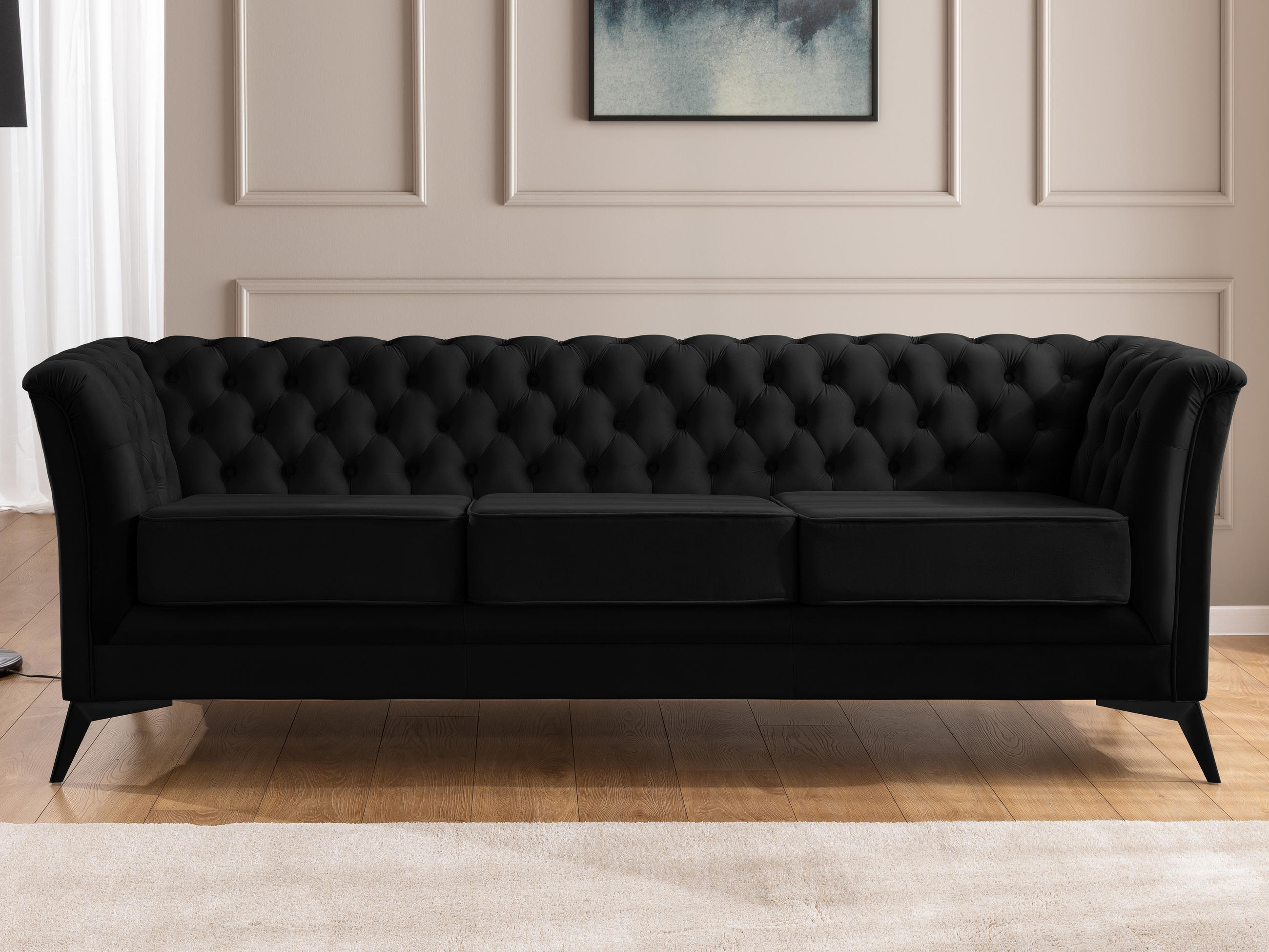 Thumbnail - S-Style Möbel Chesterfield-Sofa, Schwarz, Textil, Echtholz,Birke, Buche, 3-Sitzer, Füllung: Polyetherschaumkern, 237x78x...