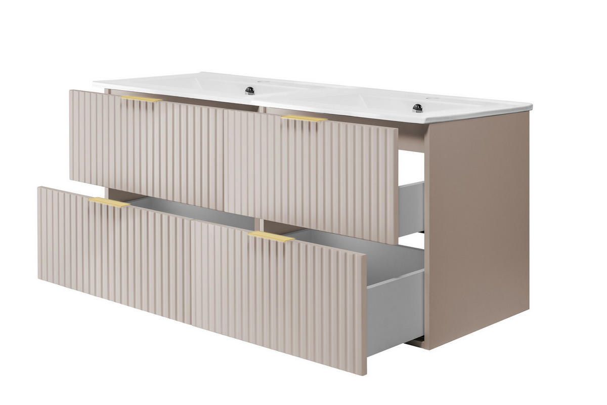 WASCHBECKUNTERSCHRANK, Kaschmir, 120 (2 x 60) x 57 x 46 cm, Griff Gold, ohne Arbeitsplatte - Beige/Goldfarben, Holzwerkstoff (120/57/46cm) - 3XE LIVING