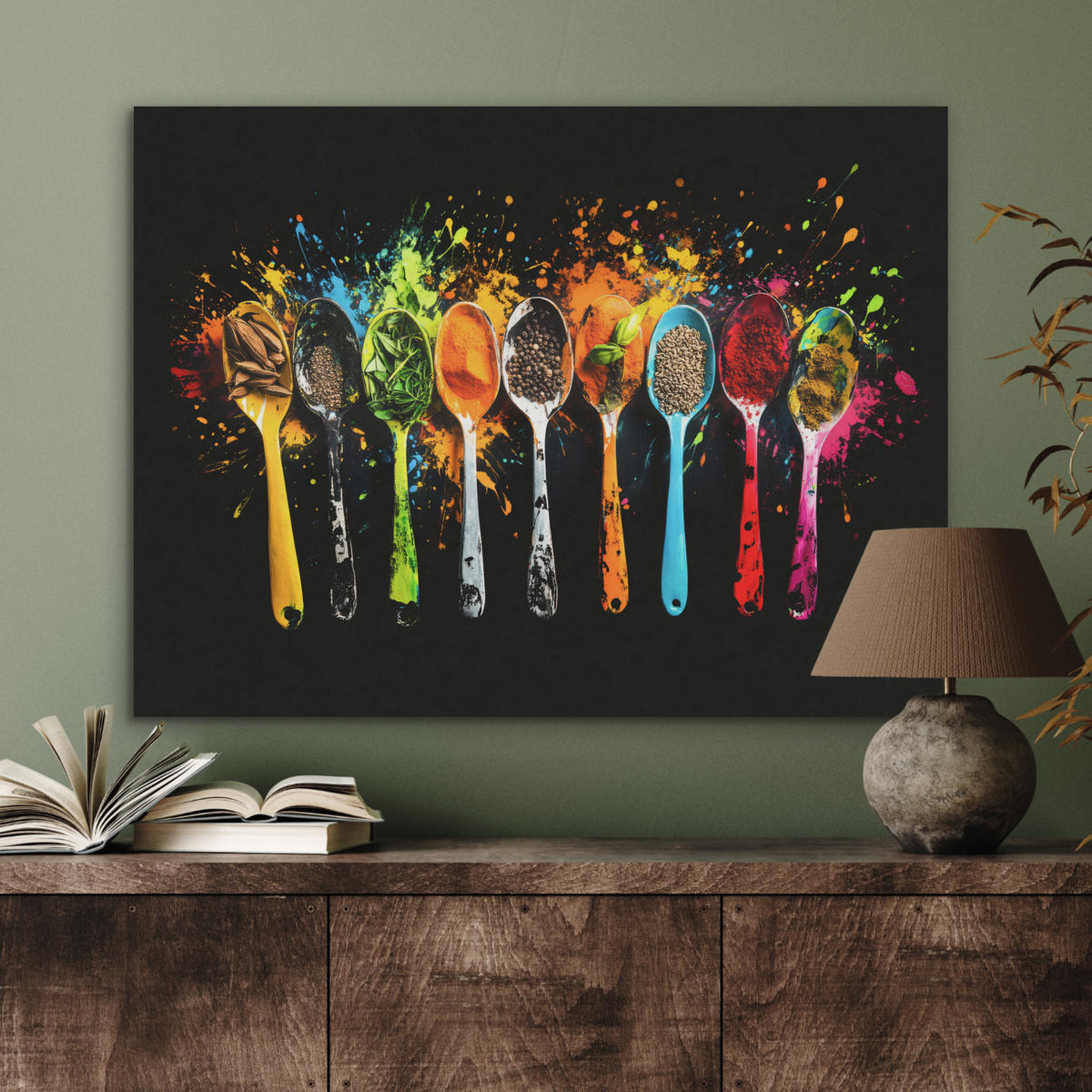 AKUSTIKBILD Löffel - Gewürze - Modern - Graffiti - Farbe - Farbenfroh Gemälde 80x60 cm - Multicolor, Textil (80/60/0.9cm) - MuchoWow
