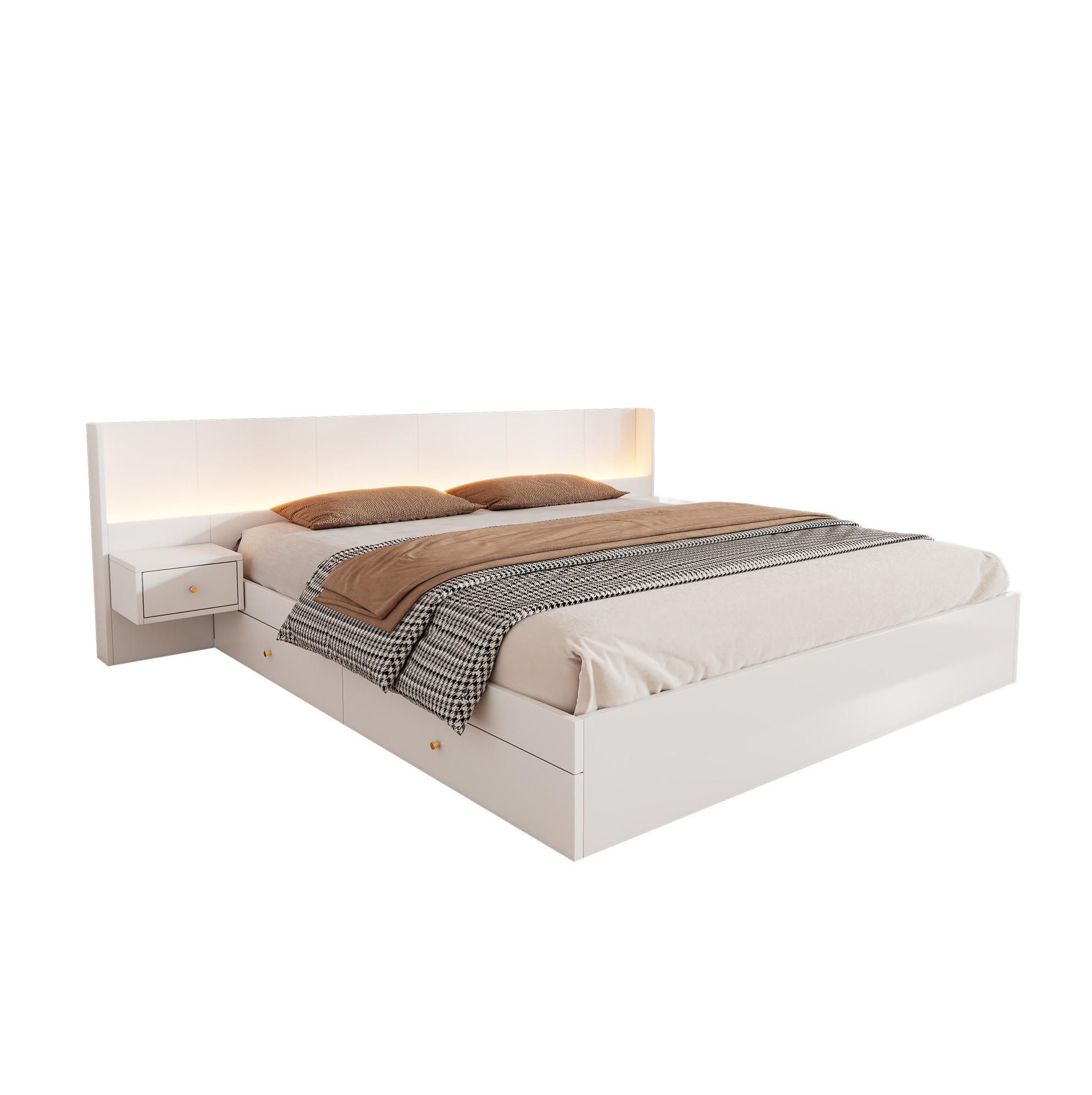Modfu DVOJLŮŽKOVÁ postel z MDF 180x200 cm bílá s USB, LED osvětlením, zásuvkami a úložným prostorem