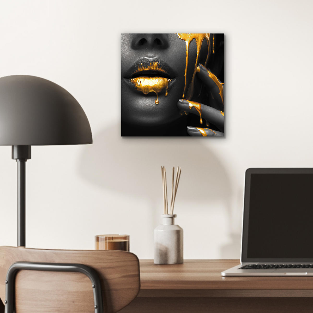 METALLBILD Frau - Schwarz - Gold - Gesicht - Lippen 20x20 cm - Goldfarben, Metall (20/20cm) - MuchoWow