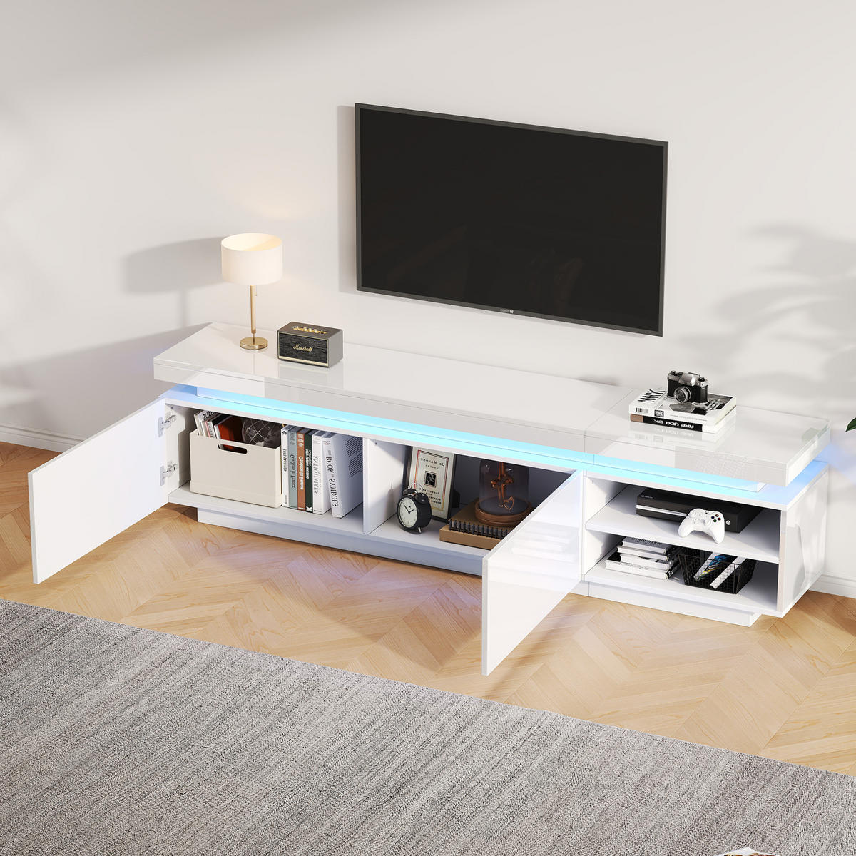 TV-LOWBOARD 170/35/50 cm mit LED-Beleuchtung, Kabelmanagement und Stauraum aus Spanplatte, Weiß - Weiß, Holzwerkstoff (170/50/35cm) - Redom