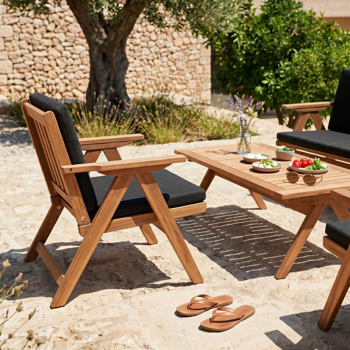 GARTENSET 4-Sitzer, Schwarz - Schwarz, Holz - Oviala