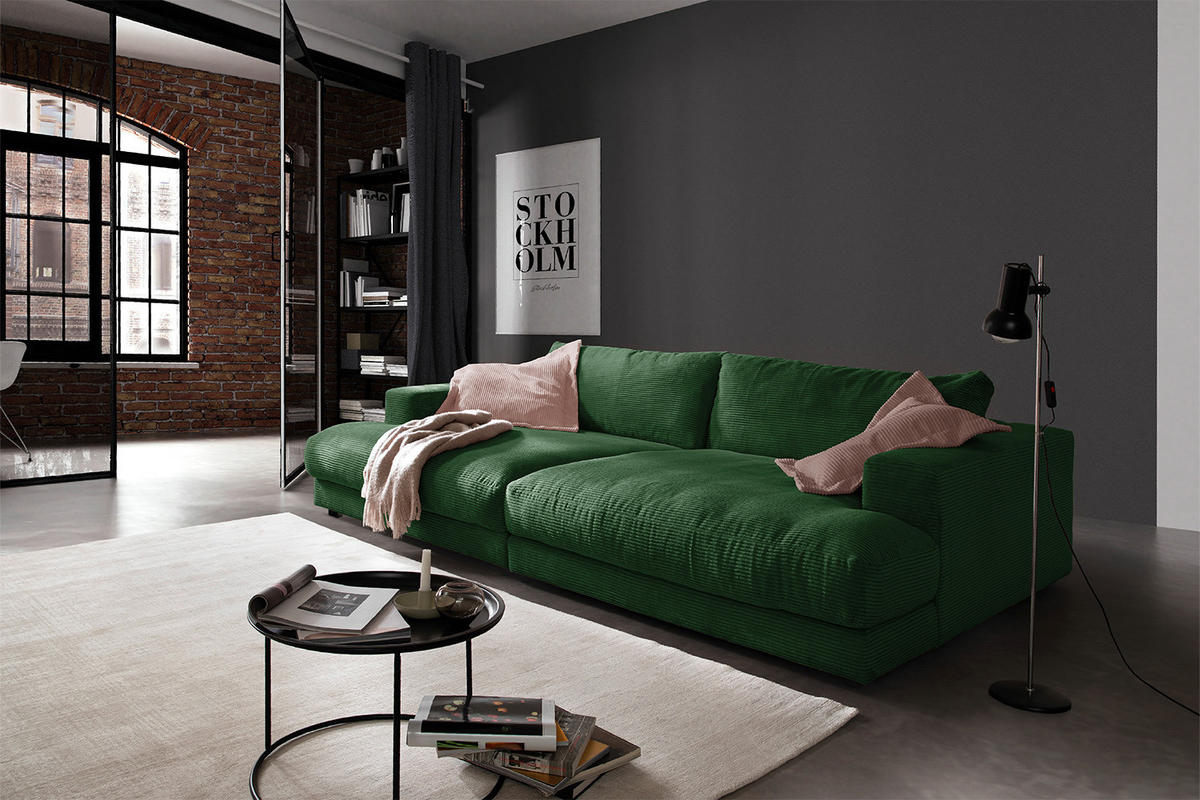 BIG SOFA XL MADELINE Smaragdgrün Cord - Smaragdgrün/Schwarz, Kunststoff/Textil (290/85/190cm) - KAWOLA