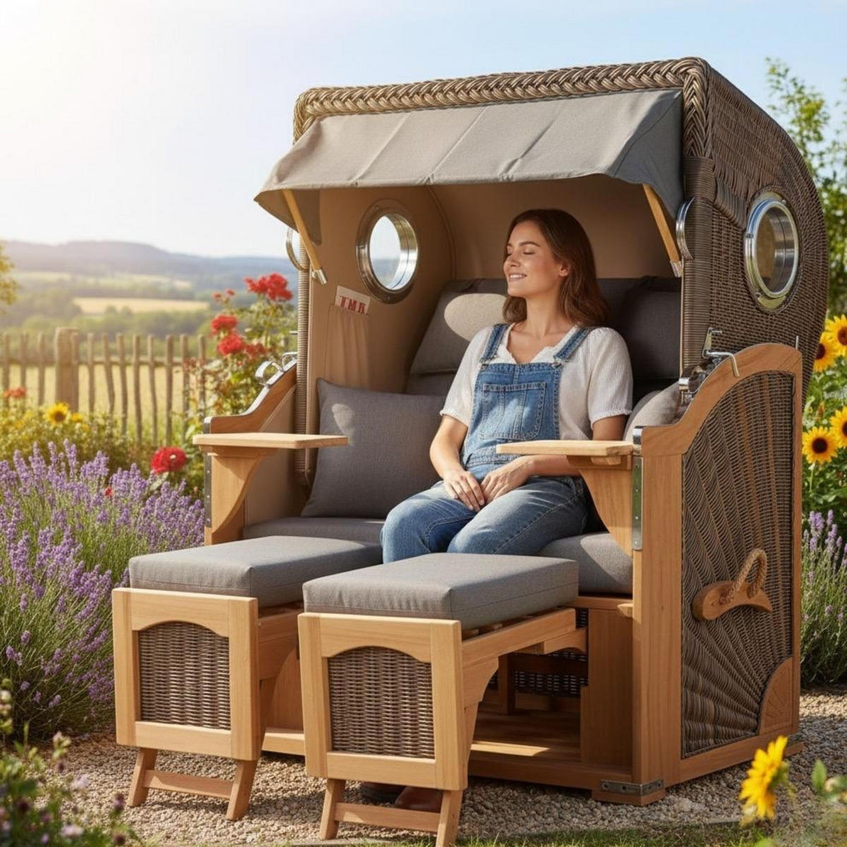 STRANDKORB Düne 2 Sitzer Teak PE Grey - Braun/Grau, Holz/Metall (125/170/80cm) - Mr. Deko