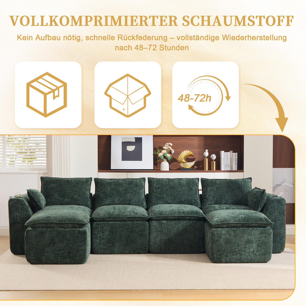 4-SITZER-SOFA aus Chenille, modular mit 2 Fußhockern und Getränkehaltern - Grün, Textil (322/75/161cm) - Urban Meuble