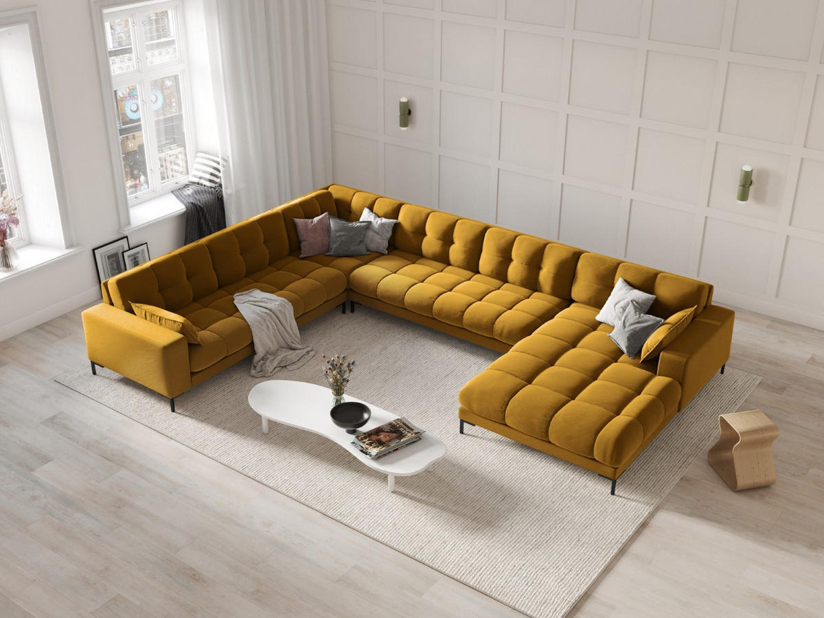 PANORAMASOFA links Mamaia aus Samt gelb 7 Sitzplätze - Gelb, Textil (256/75/327cm) - Micadoni