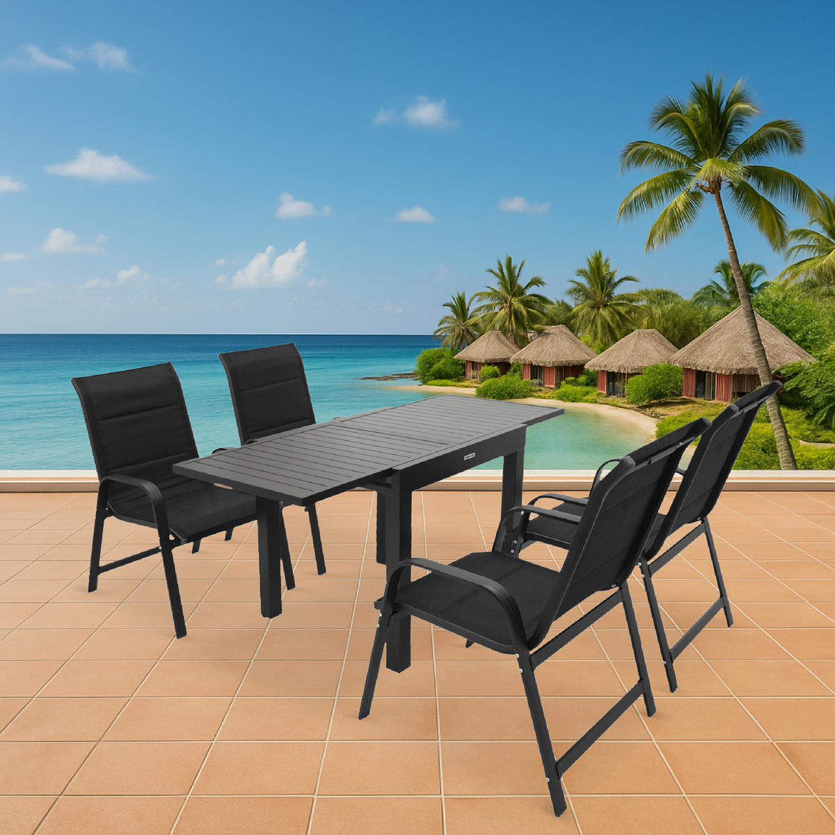 GARTEN-GARNITUR Ashford - 5-teilige Garten-Essgruppe (4x Stapelsessel Hochlehner Aluminium dunkelgrau + Textilgewebe gepolstert schwarz - Schwarz, Metall - TPFGarden