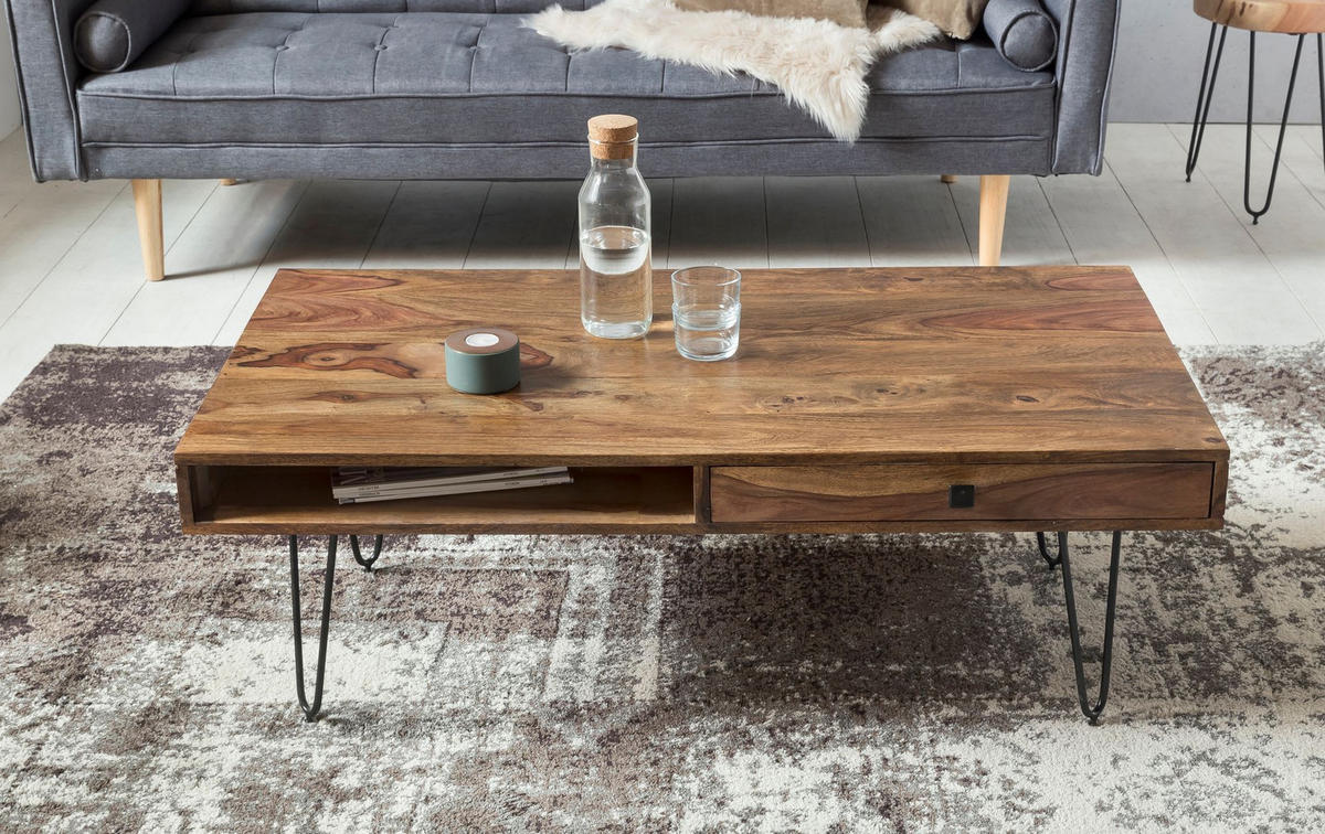 COUCHTISCH BALU mit Schubfächern aus Massivholz und Metallfüßen, leichter Aufbau, Braun 110x60x40 cm - Schwarz/Braun, Holz/Metall (60/110/40cm) - KADIMA DESIGN