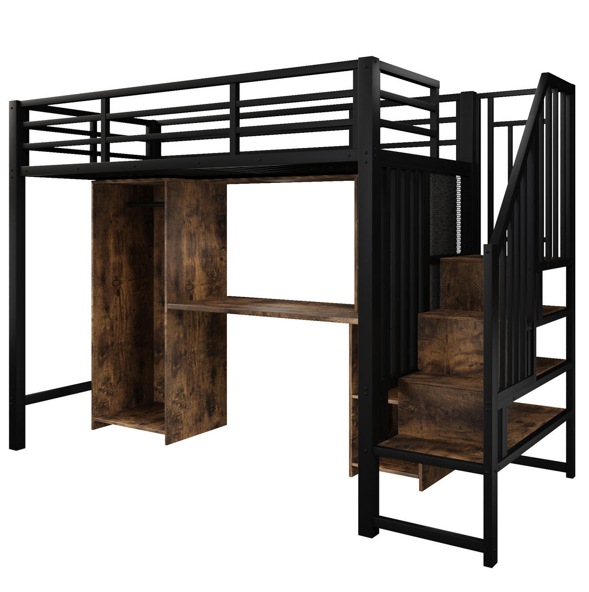 HOCHBETT 90/200 cm aus Metall und MDF mit Kleiderschrank und Schreibtisch Schwarz - Schwarz, Metall (90/200cm) - Modenvie