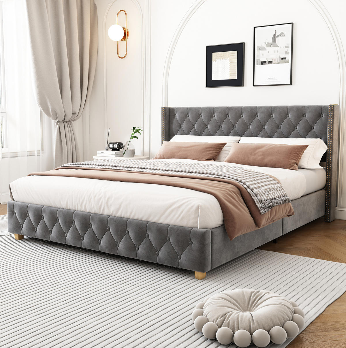 SAMT-POLSTERBETT 160/200 cm mit Lattenrost und gepolstertem Kopfteil, Grau - Grau, Textil (160/200cm) - BEAOK