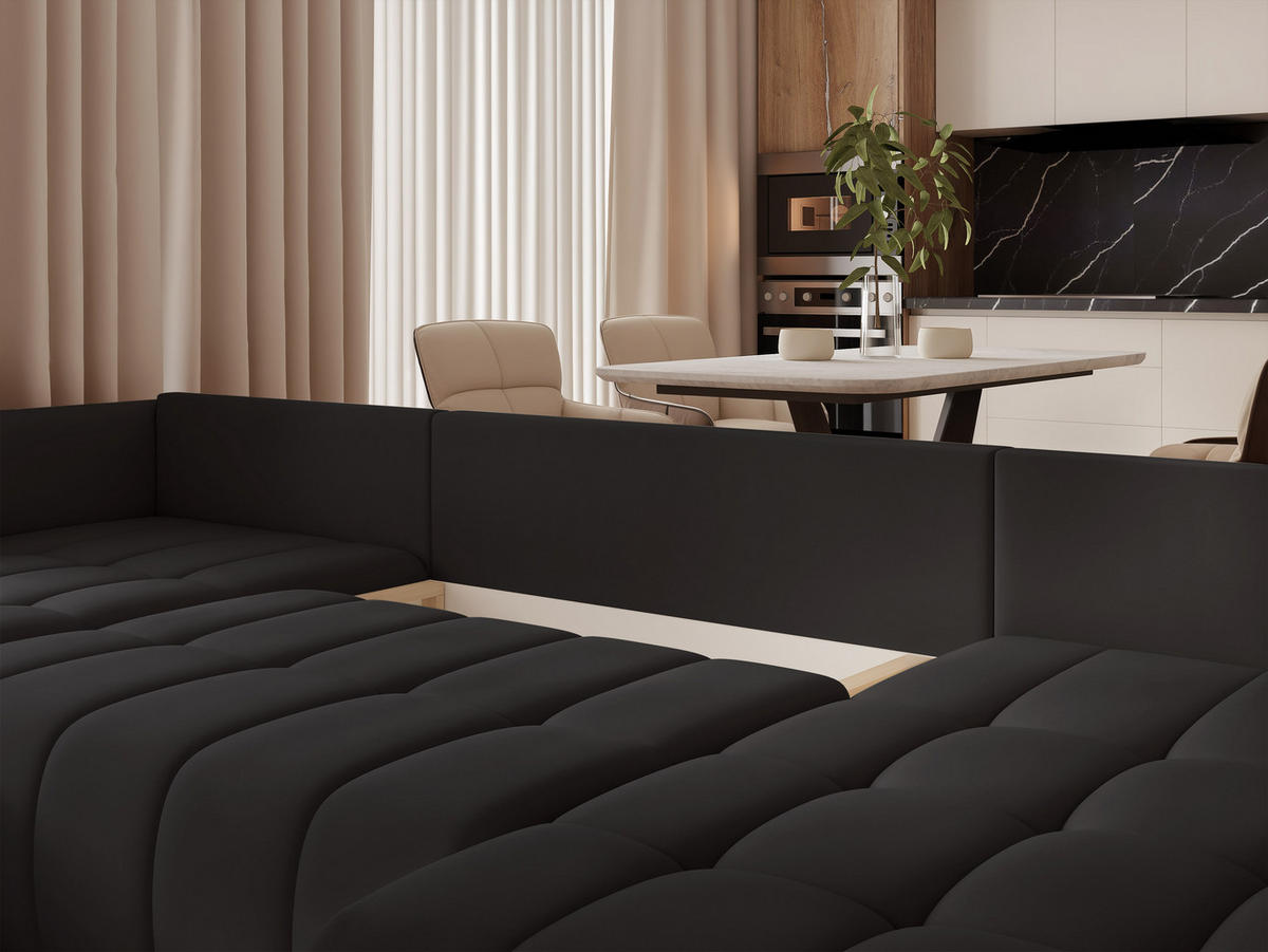 WOHNLANDSCHAFT OLIMPIA mit Schlaffunktion und Bettkasten Schwarz - Schwarz, Holzwerkstoff/Kunststoff (353/83/180cm) - Idohome