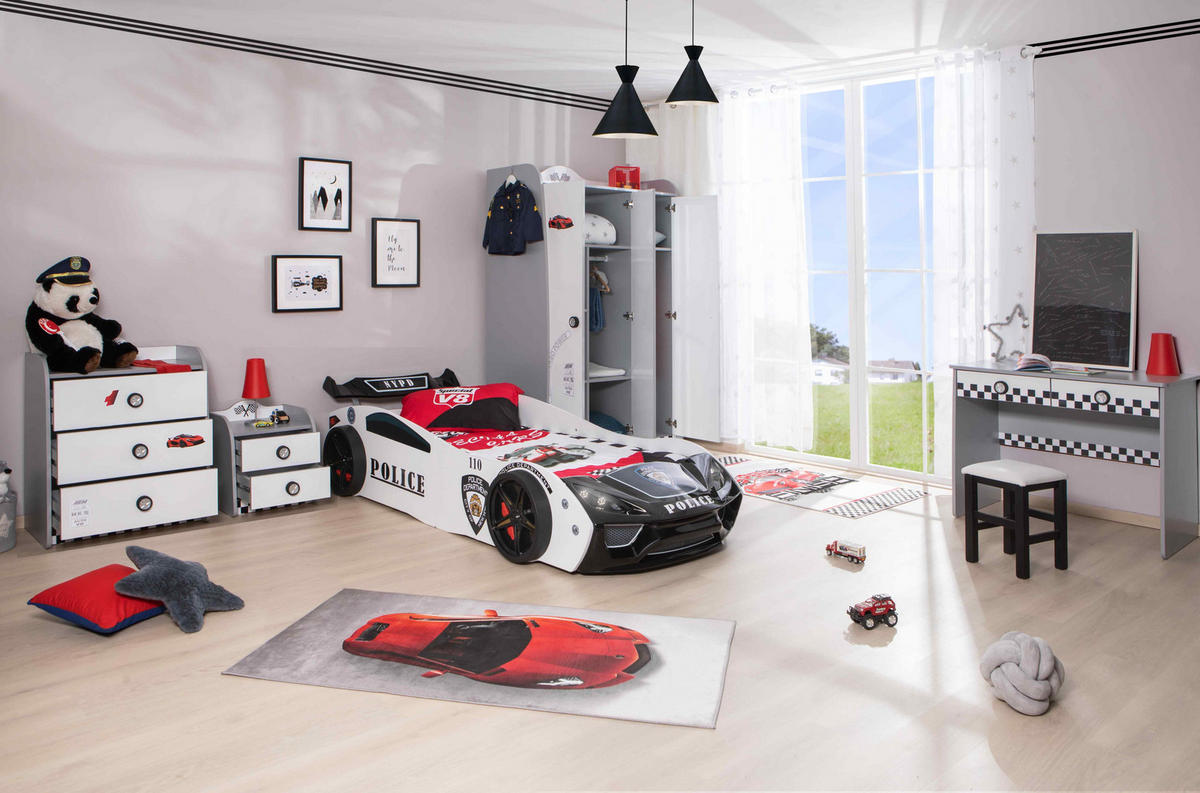 KINDERZIMMER Police Komplett Set mit Autobett 5-tlg. Schwarz Weiß - Schwarz/Weiß, Holzwerkstoff/Kunststoff (128/200/64cm) - Aileenstore