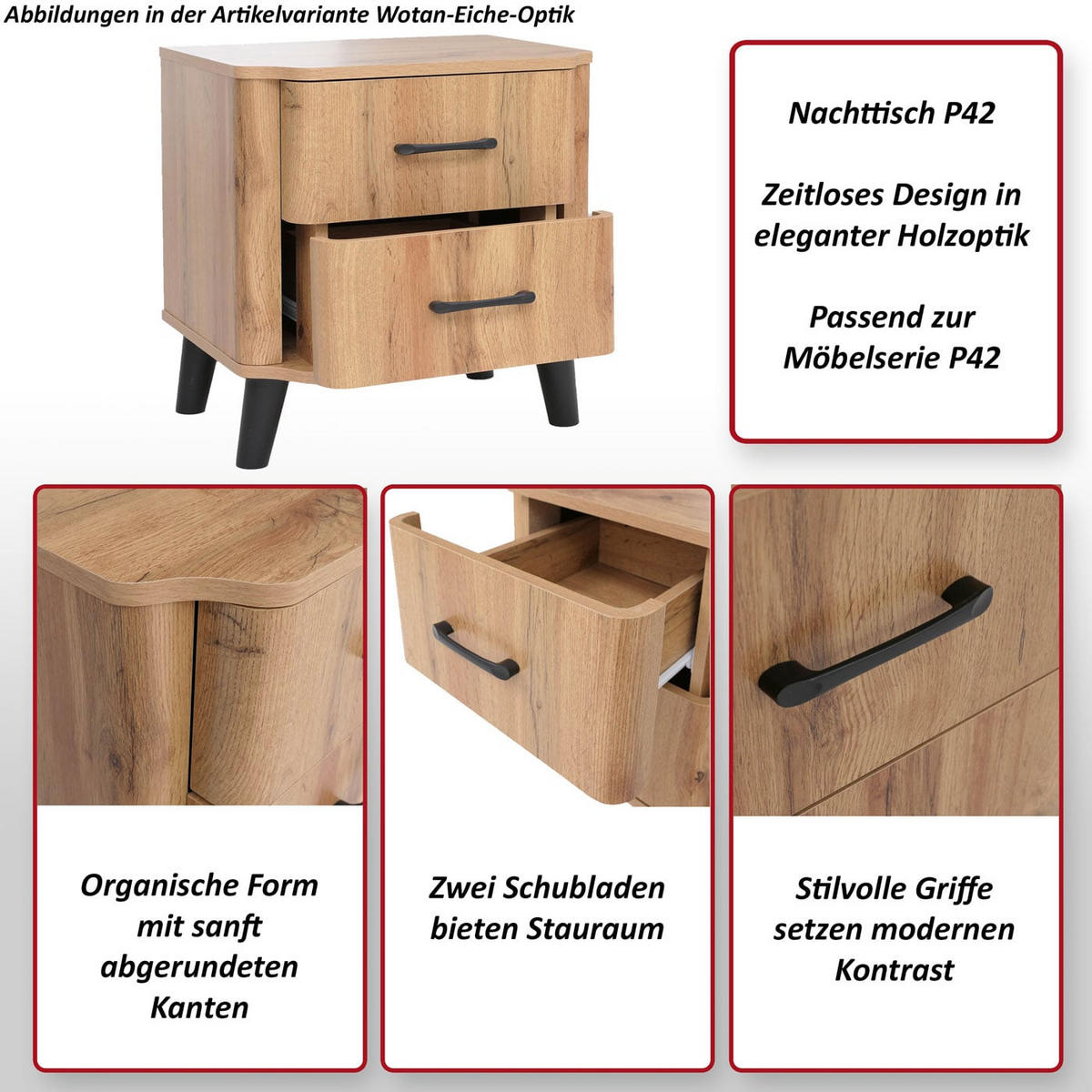 NACHTTISCH organisch Walnuss Dekor - Walnussfarben, Holz (48/50/40cm) - MCW