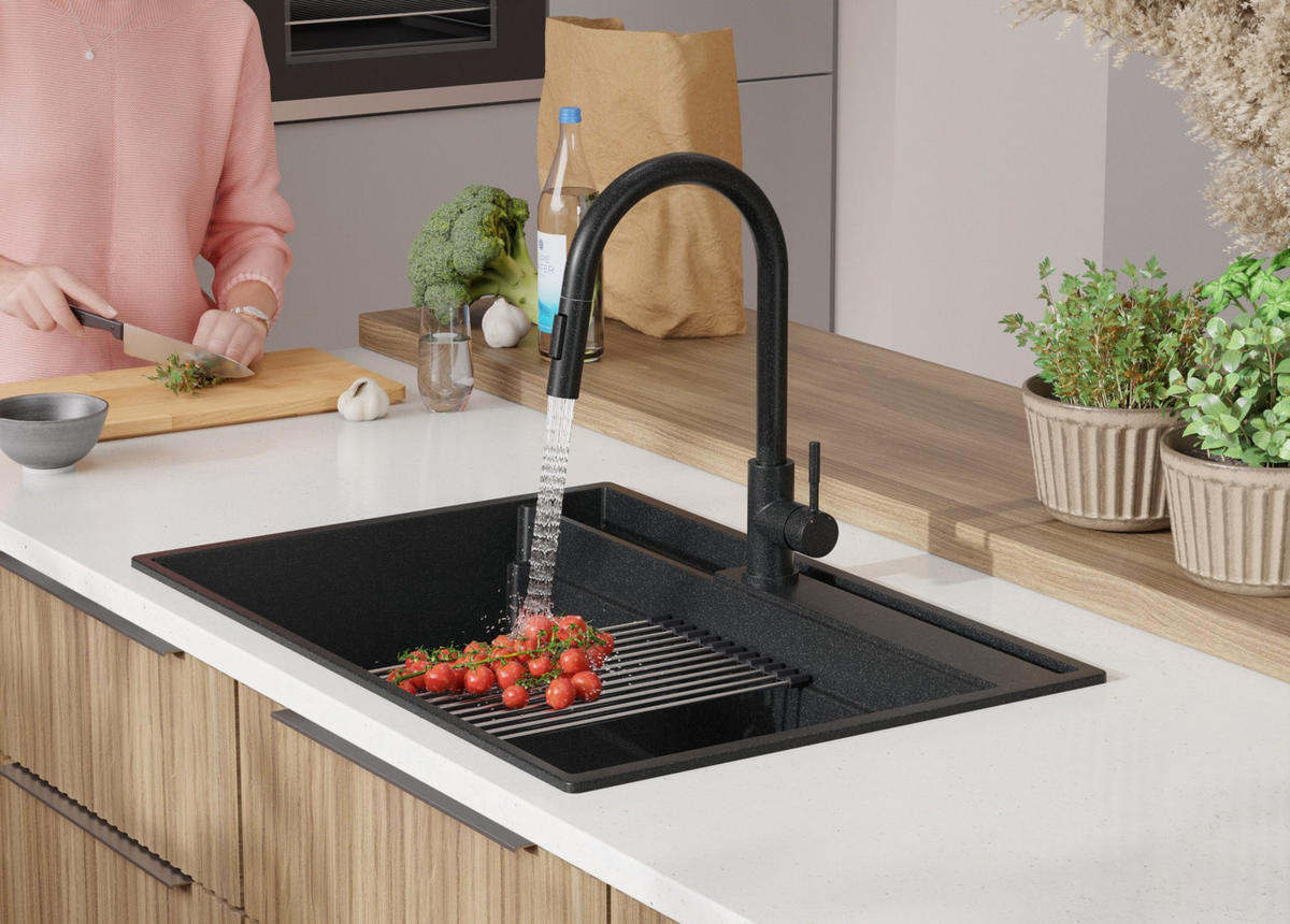 SPÜLBECKEN Oslo Pocket, 2-er set Anthrazit 78/53 cm 1 Becken + Ablauf-Set + Küchenzubehörset ab 80er Unterschrank - Chromfarben/Anthrazit, Kunststoff (78/20/53cm) - Primagran