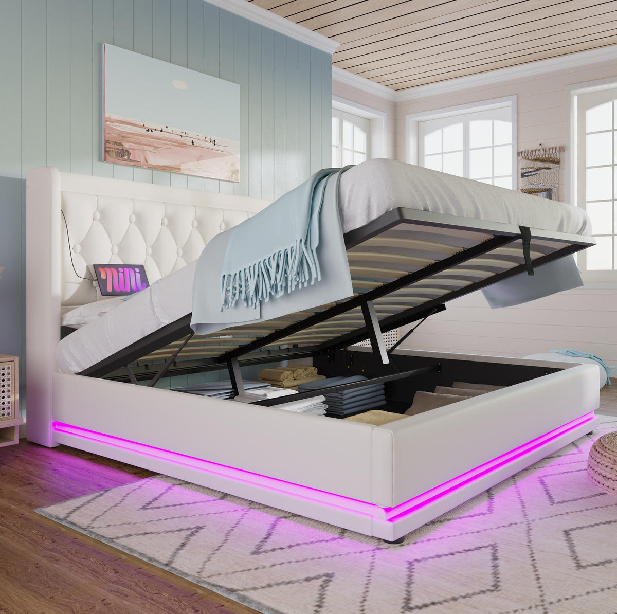 BETT mit Bettkasten USB & LED 180x200 cm PU Weiß - Weiß, Metall (180/200cm) - Meubliv