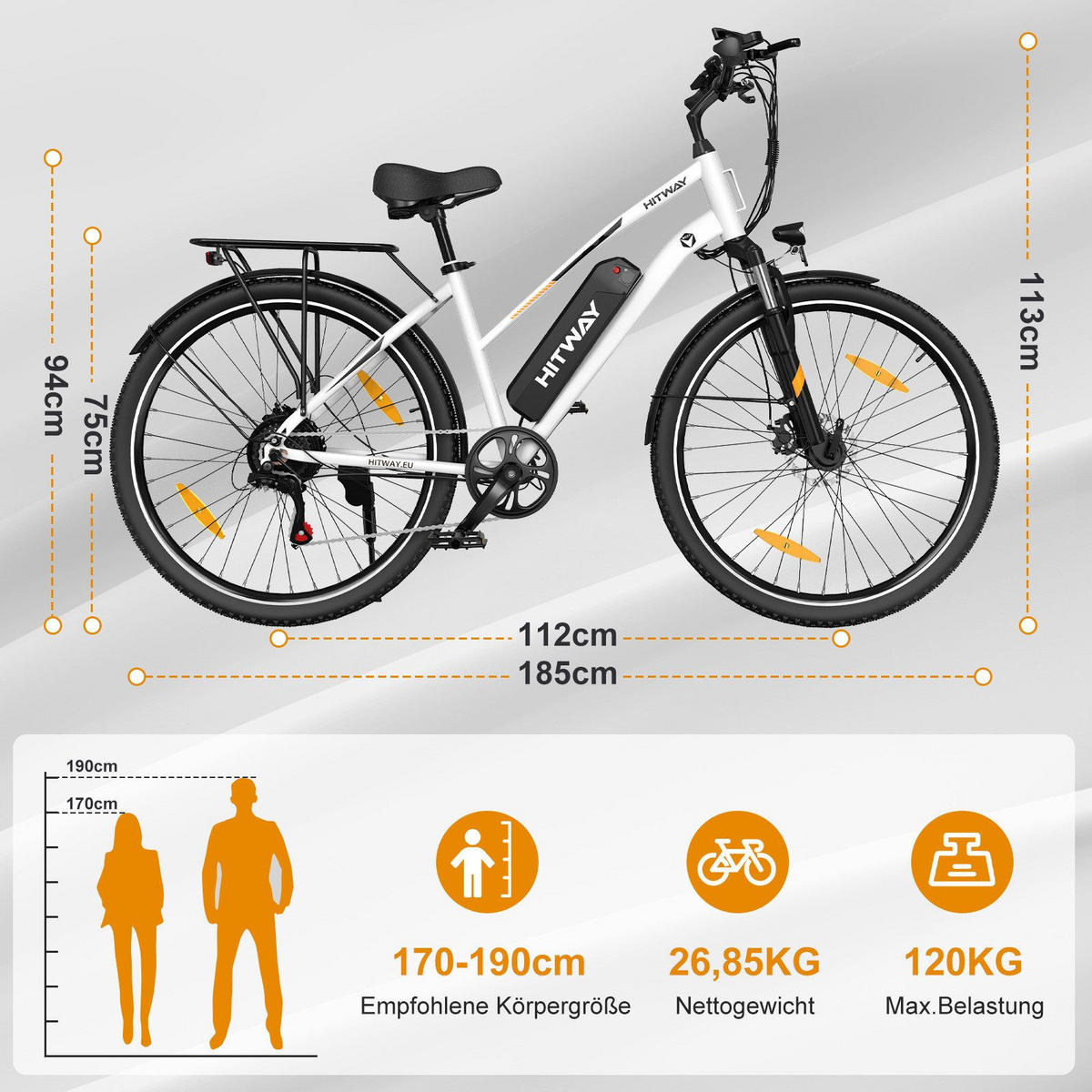 E-BIKE Cityrad BK27 250W-Motor 36V 13Ah Akku - Weiß, Metall (87cm) - HITWAY