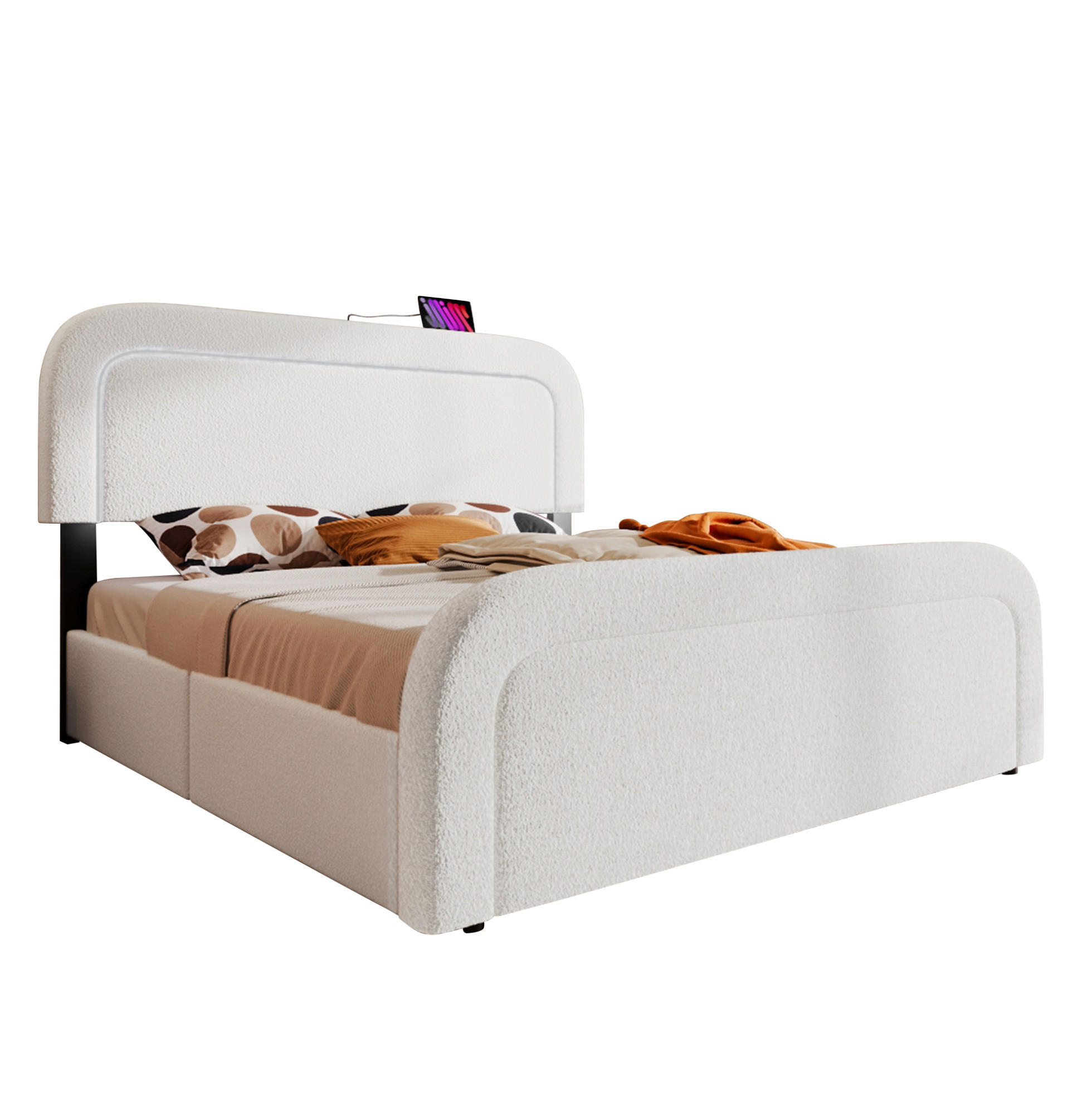 POLSTERBETT 160/200 cm aus Sherpa mit USB-C, LED und 4 Schubladen Weiß - Weiß, Fell (160/200cm) - Modenvie