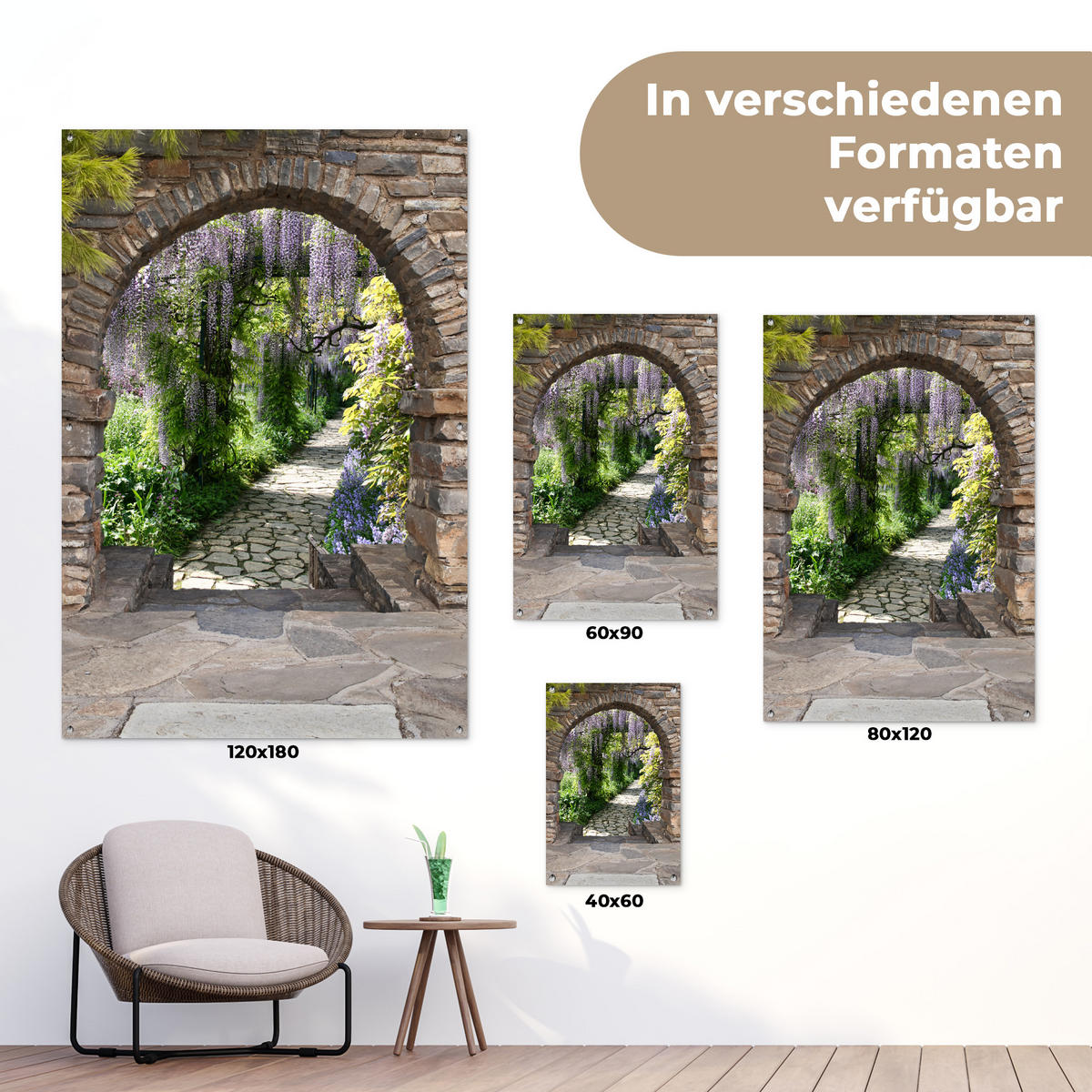 ZAHRADNÍ PLAKÁT Les - výhled - kameny - cesta 120x180 cm - šedohnědá, plast (120/180/0.2cm) - OnlyWow