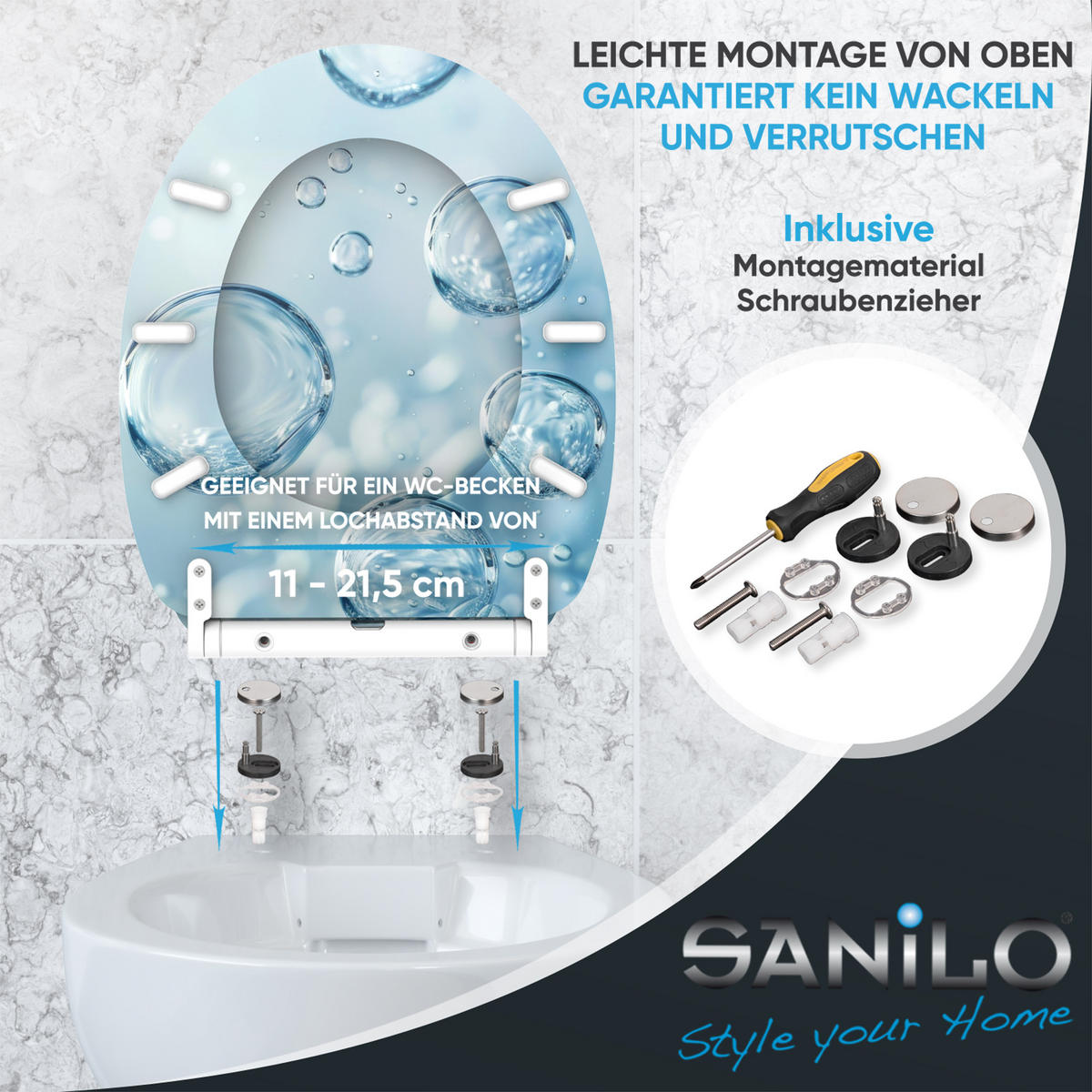 WC-SITZ mit Absenkautomatik & Top Fix Bubbles - Blau, Holzwerkstoff (37.7/5.5/48cm) - Sanilo