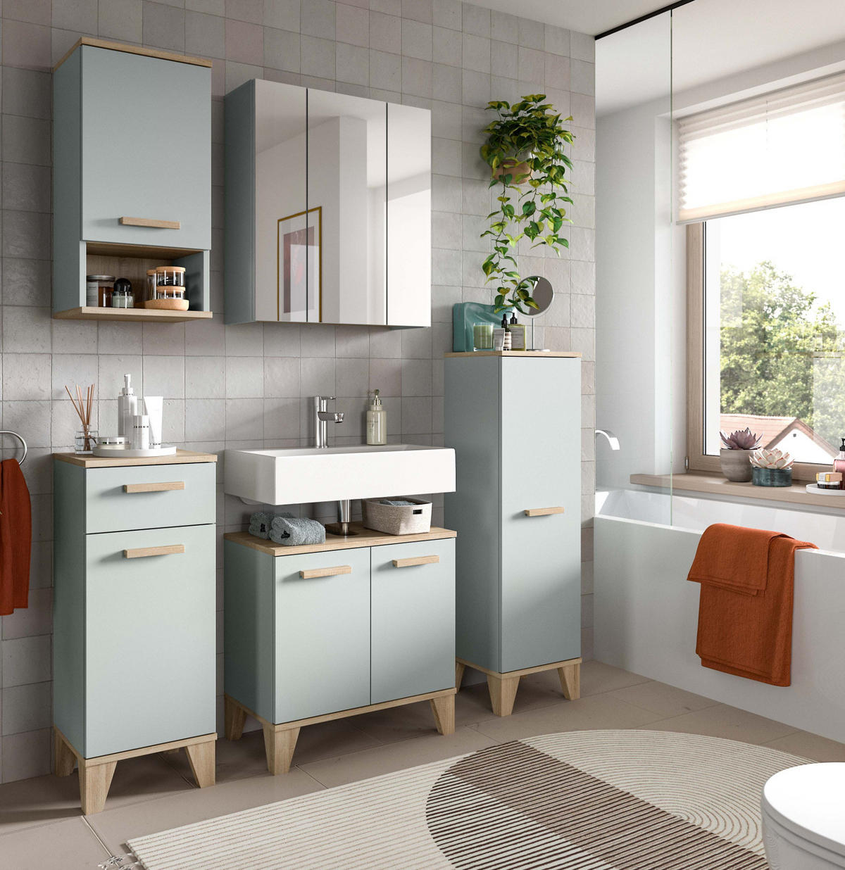 BADMÖBEL-SET 5-teilig grün, Eiche 158 x 190 cm, Komplettset mit viel Stauraum - Eichefarben/Grün, Glas/Holzwerkstoff (158/190/34cm) - Inn.Furn